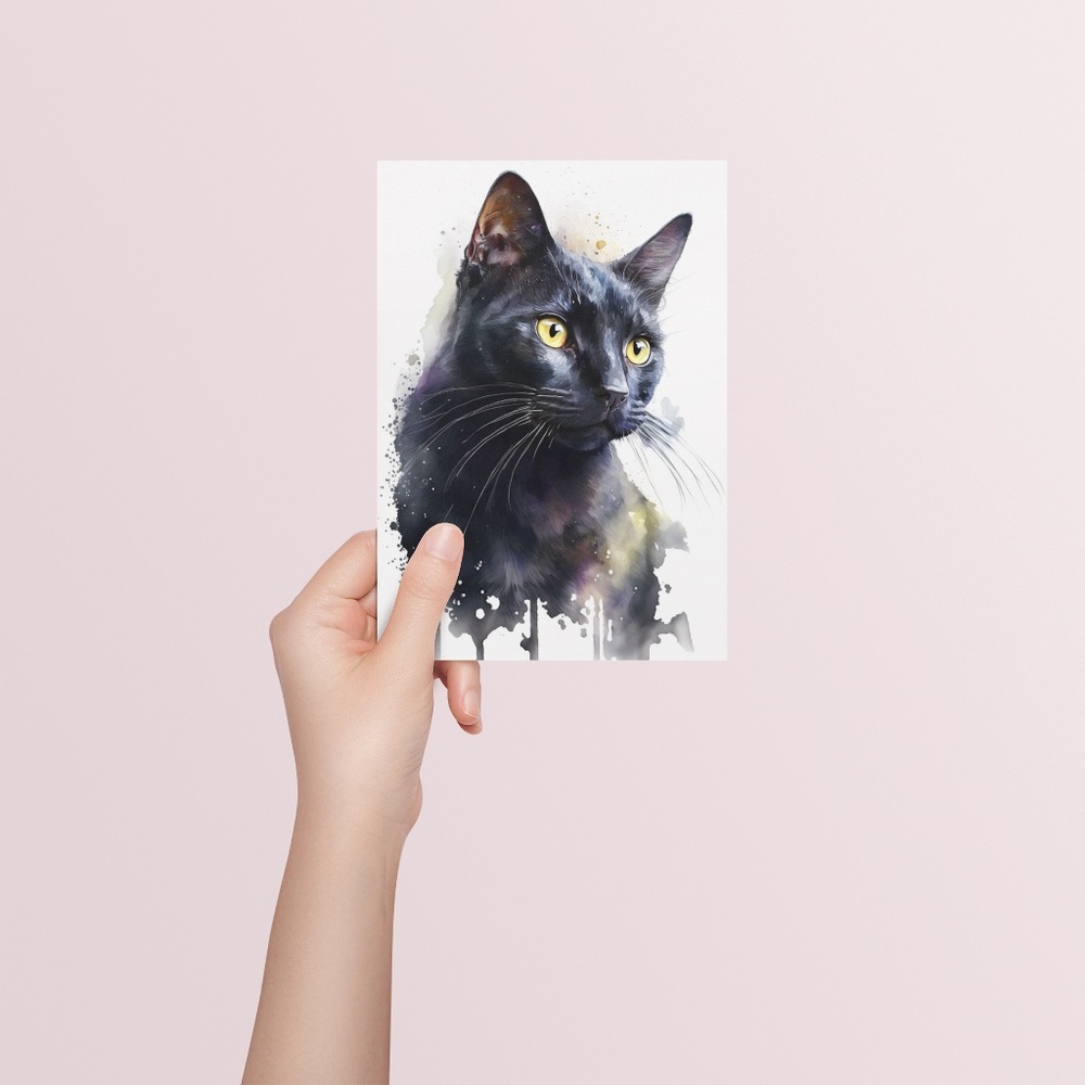 Black Cat Watercolor Wall Art Illustration Print Poster Card Unframed - Picture 5 of 6